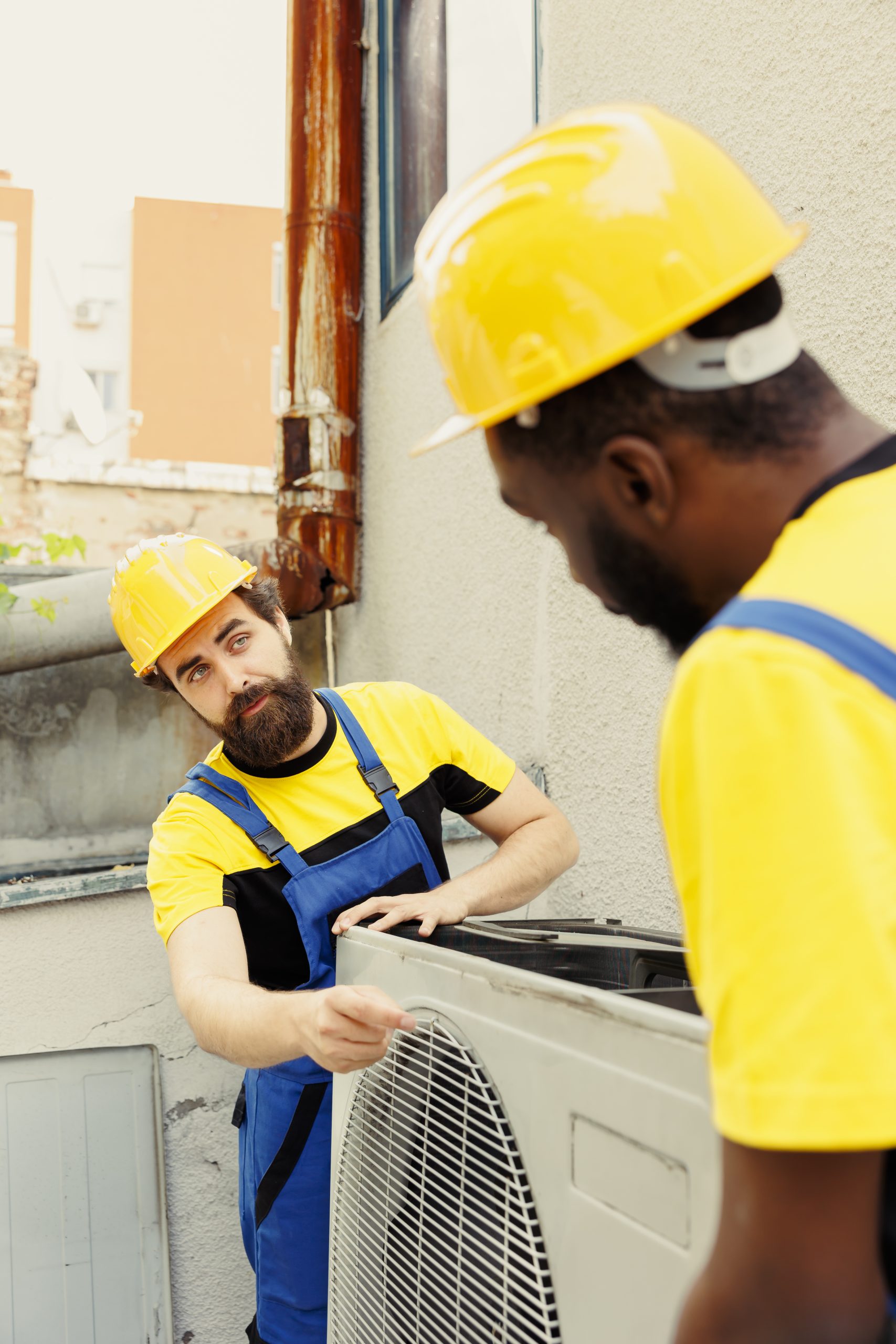 Experts installing customer condenser